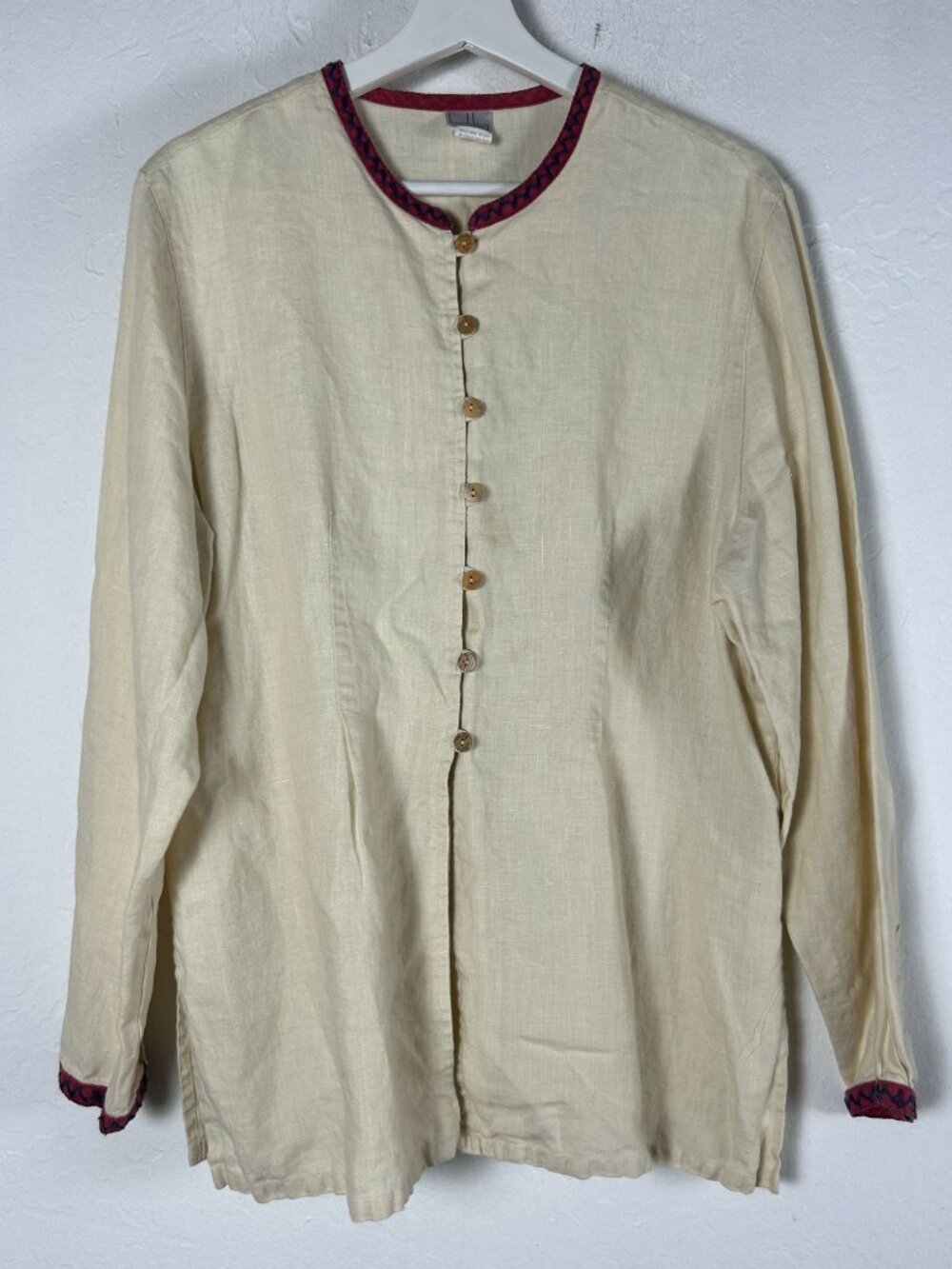 Heartstring Womens Beige Red Trim Long Sleeve Linen Button-Up Shirt Top Casual